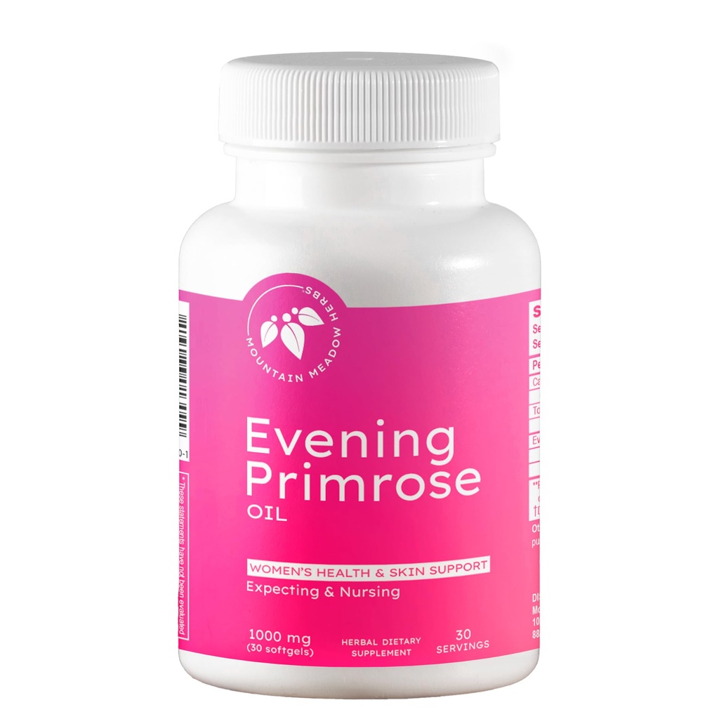 Mountain Meadow Kräuter Abend Primrose Öl 1000mg – Omega-6 Fettsäuren für Frauen Gesundheit, unterstützt klare Haut und Hormonal Balance, Glutenfrei, Einfach-zu-Take Softgels (30 Zähler)