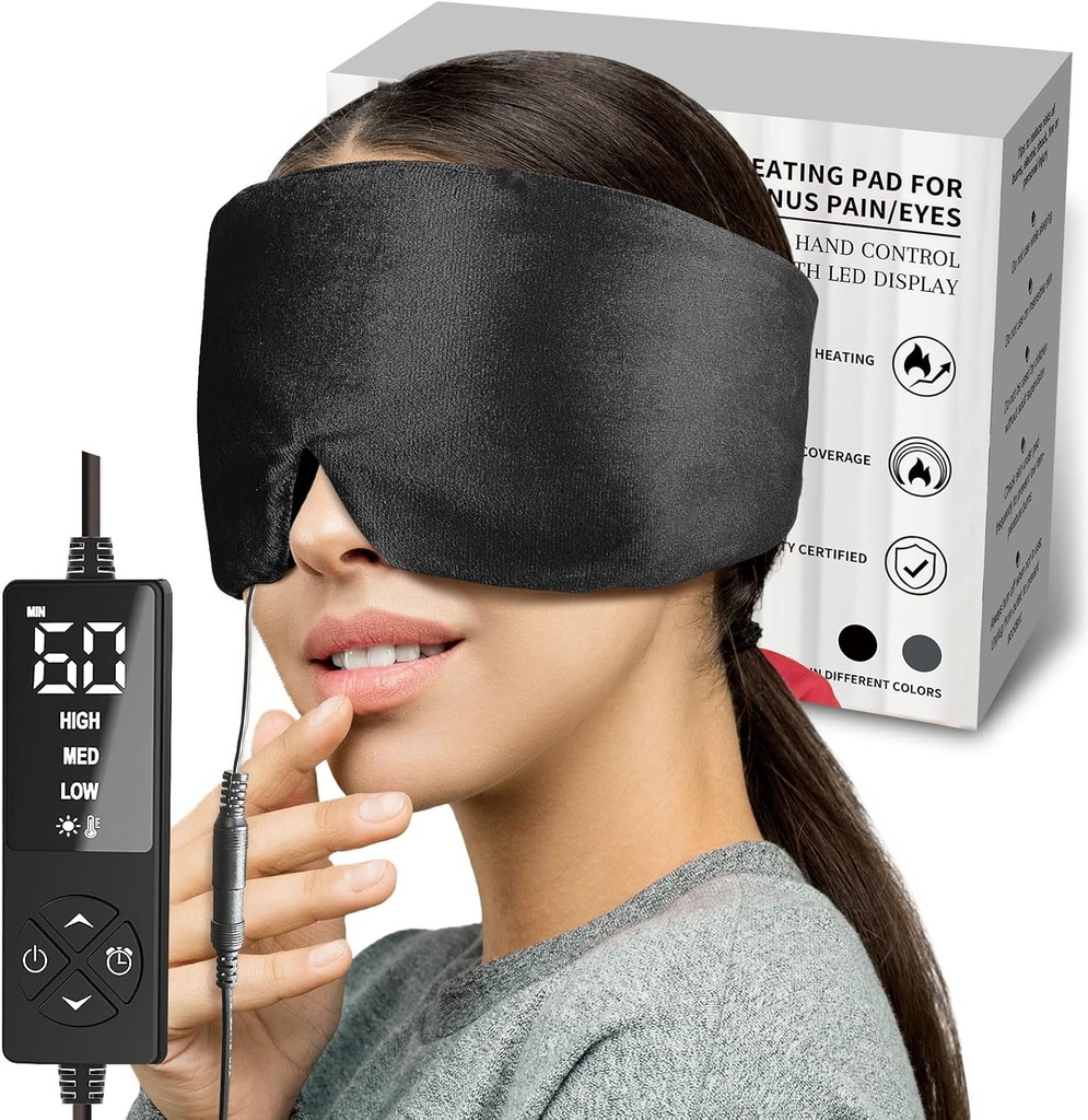 sticro Fűtött szem maszk extra nagy mérete száraz szem és Sinus nyomás enyhítése, Ultra Soft Face Fűtés Padet a tenziós fejfájás megkönnyebbülés, Jaw TMJ fájdalom megkönnyebbülés - 3 Heat & 5 Időzítési beállítások (fekete)