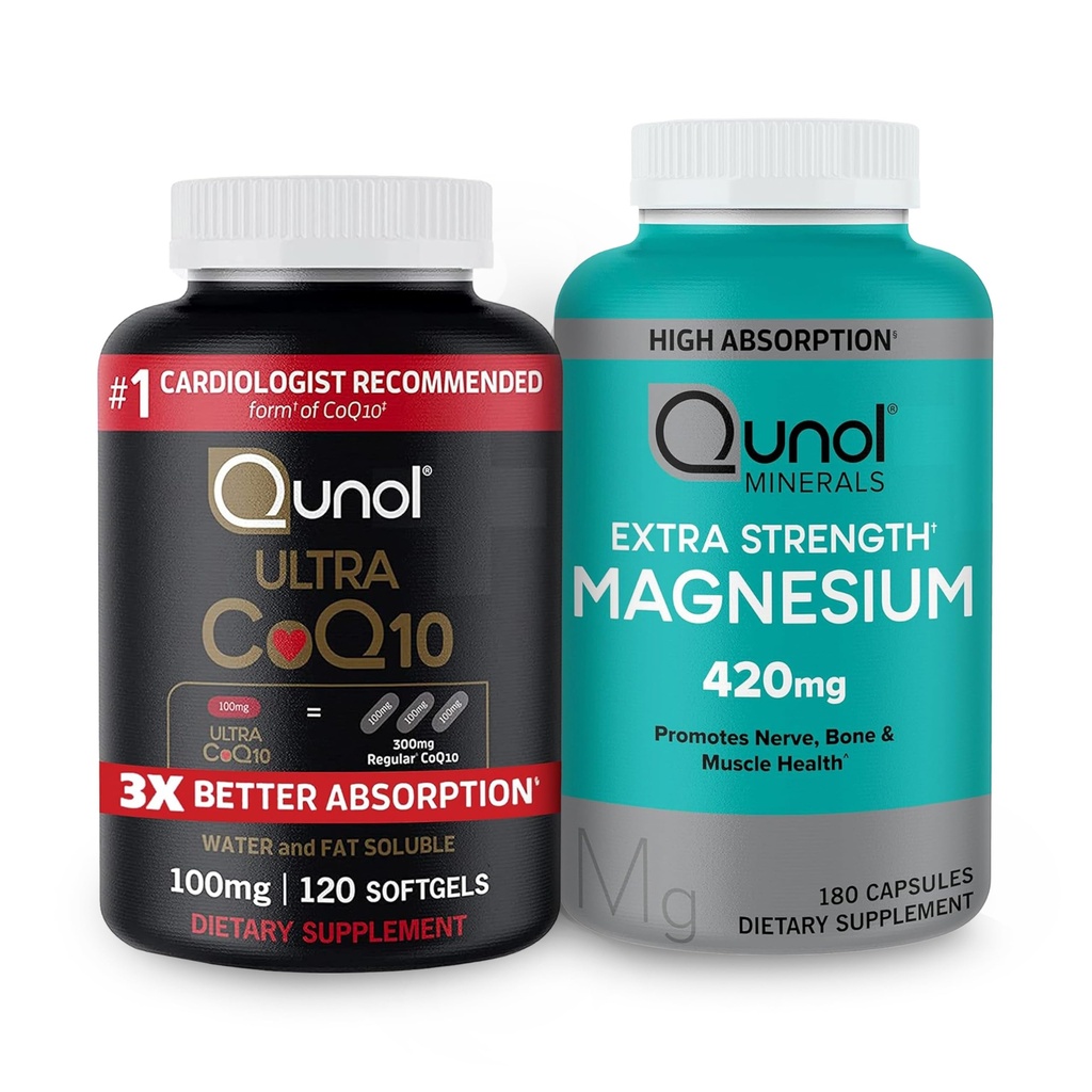 Qunol CoQ10 100mg Softgels, 3X Jobb abszorpció 4 hónapos ellátás + 120 Count Magnézium Glicinate Capsules 420mg, magas abszorpció Magnézium kiegészítés, 180 Count