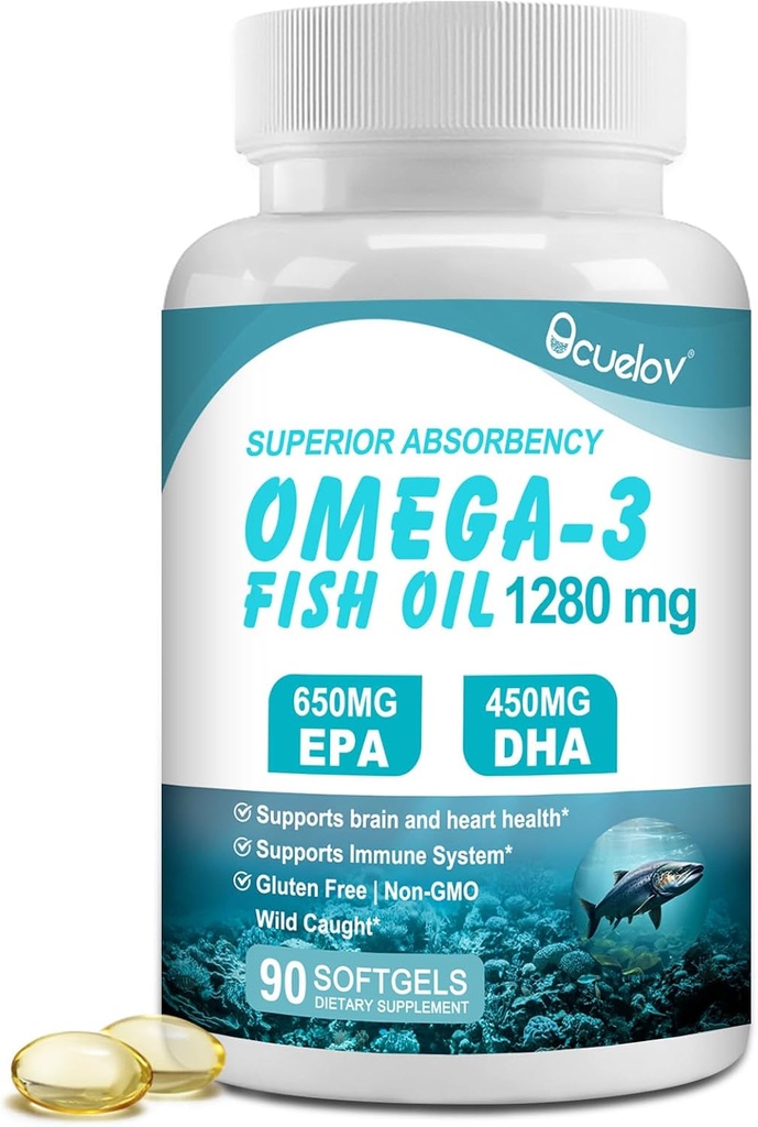 Omega 3 Halolaj kiegészítők, Triple Strength Omega 3 Táplálkozási kiegészítés 650mg EPA 450mg DHA Per Serving - agy, szem, szív és immunrendszeri egészségügyi támogatás - 90 Softgels (45 Serv)