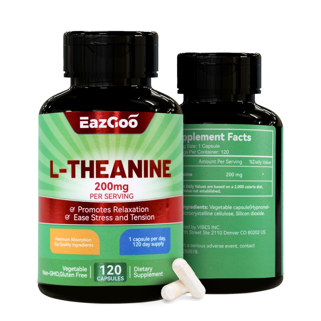 L-Theanin 200mg, Aminosäure-Ergänzung zur Unterstützung der Entspannung, Stress, L Theanin Kapseln - Non-GMO, Glutenfrei, 240 Veg Kapseln