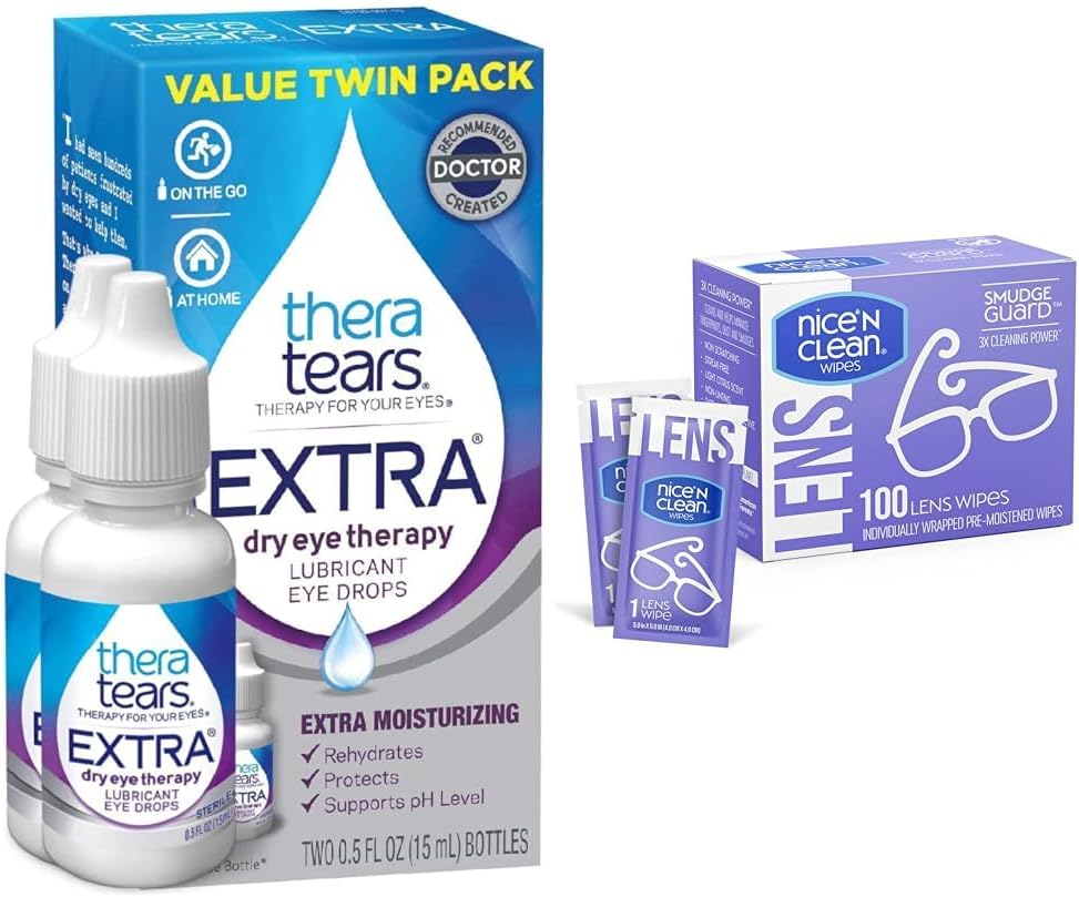 TheraTears Extra száraz szem cseppek, 2 Count & Nice 'n Tiszta 100 SmudgeGuard lencse Törli Bundle