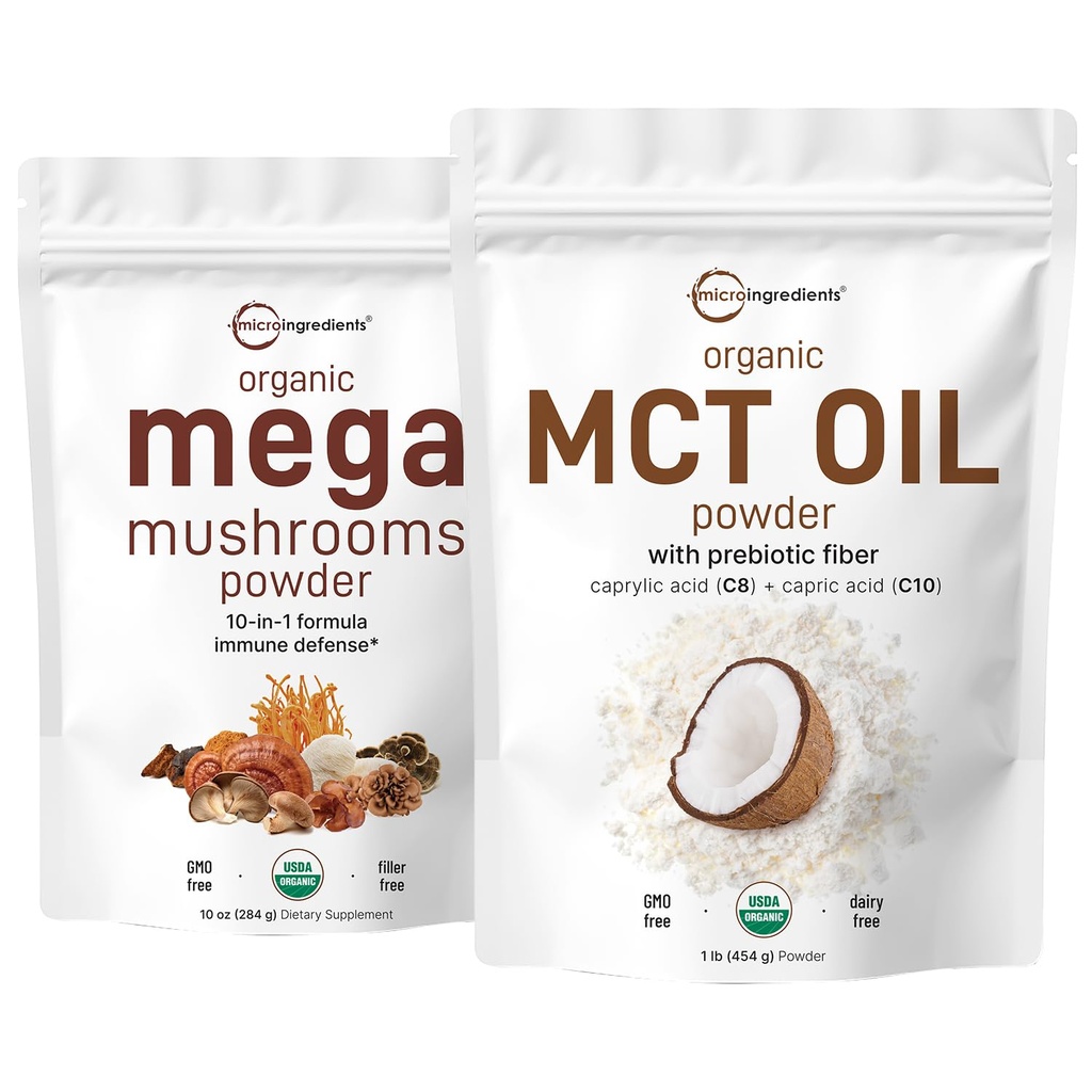 Mikro Összetevők Organic Mega Gomba Por 10oz & Organic MCT Oil Powder 1lb Bundle 2 Pack 124; 10 in 1 Gomba Komplex 124; C8 MCT Olaj, növényi alapú krém