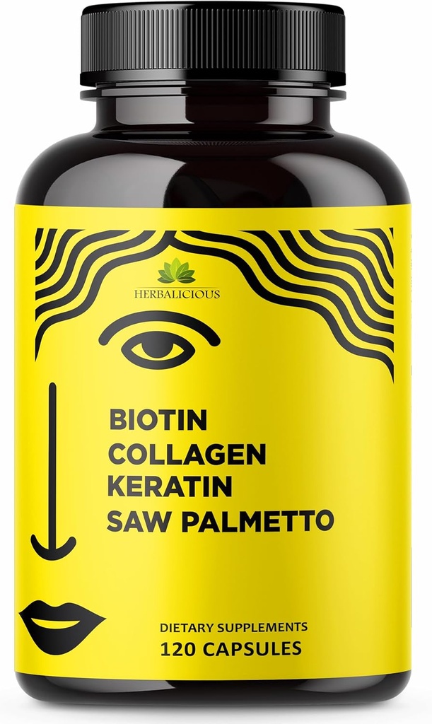 HERBALICIOUS Biotin Vitamine mit Collagen, Keratin & Saw Palmetto für Damen und Herren - Biotin 10000 mcg Haarhaut Nägel Ergänzung für Haare, Haut und Nägel Wellness - Made in USA, 120 Kapseln