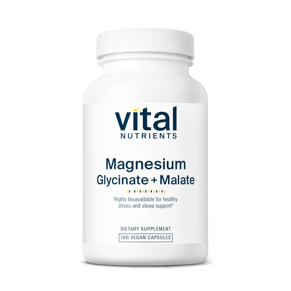 Vital Nährstoffe Magnesium Glycinate + Malate | 120mg Vegan Magnesium Ergänzung für Frauen und Männer | Muskel, Herz, Knochen Unterstützung* | Fördert Entspannung | Gluten, Dairy und Soy Kostenlose | 100 Kapseln