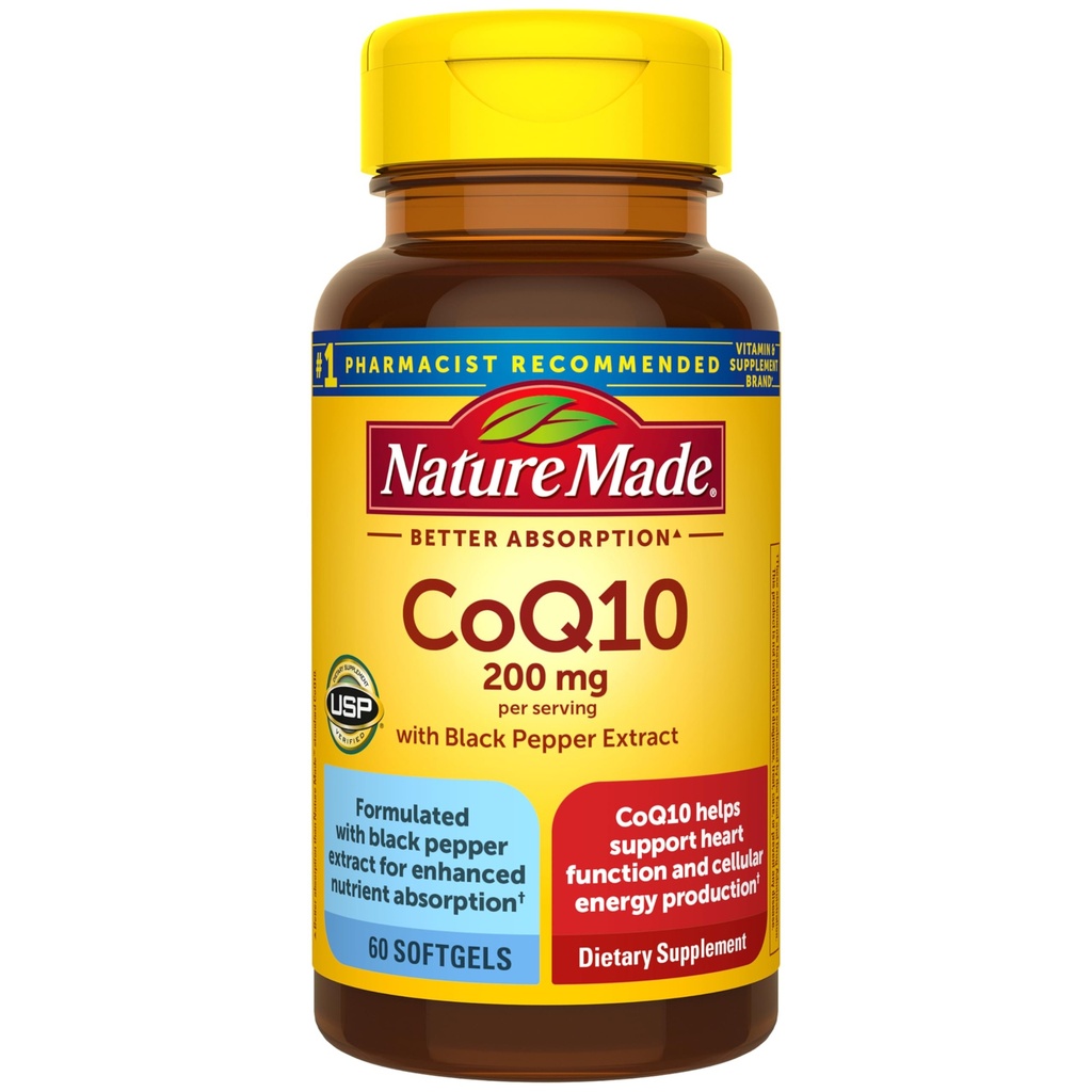 Natur Made CoQ10 200mg pro Servieren mit schwarzem Pfeffer Extrakt für verbesserte Nährstoffaufnahme, CoQ10 Ergänzung für Herzgesundheit Unterstützung, 60 Softgels, 30 Tage Versorgung