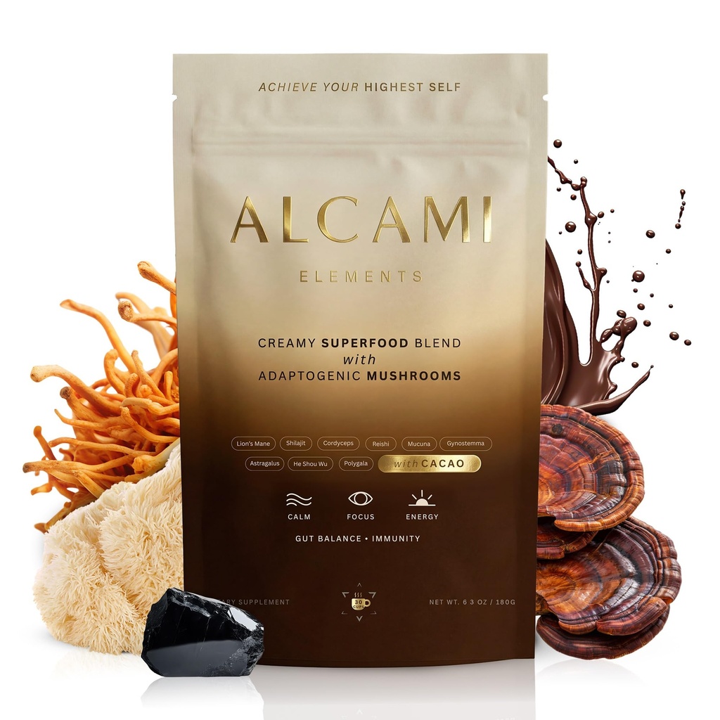 Mushroom Coffee Enhancer – 10:1 Adaptogenic Superfood Blend with Lion’s Mane, Cordyceps & Reishi – Creamy Delicious Cacao for Focus, Energy & Mood – 30 Servings