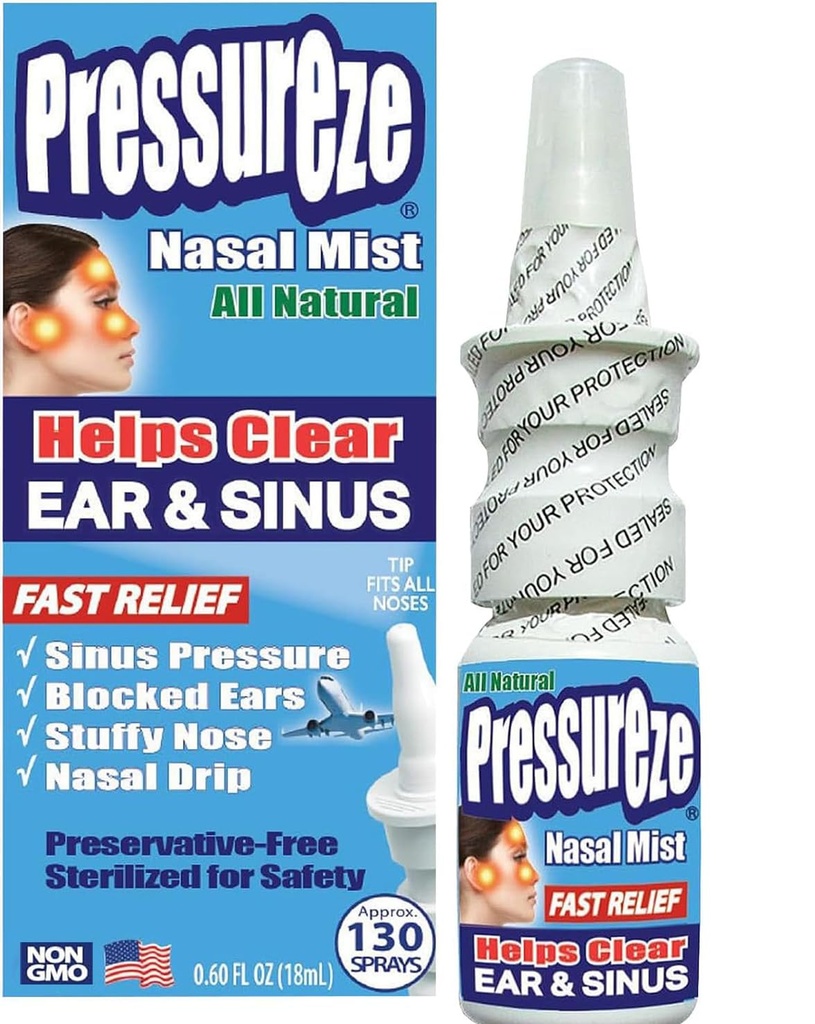 Pressureze Nasal Spray - All Natural Preservative- Free Sterile - Fast Relief Nasal Spray - Sinus Allergia Contestion Blokkolt Fülek Loud Snoring 124; 130 Spray, 18 ml