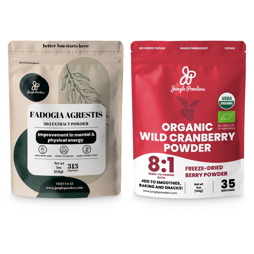 Jungle Powders Ultimate Men's Wellness Duo: 5oz Fadogia Agrestis Extract & 5oz Organic Wild Cranberry Powder - Nigerian Fadogia Supplement for Drive & Passion, USDA Certified Cranberry Superfood