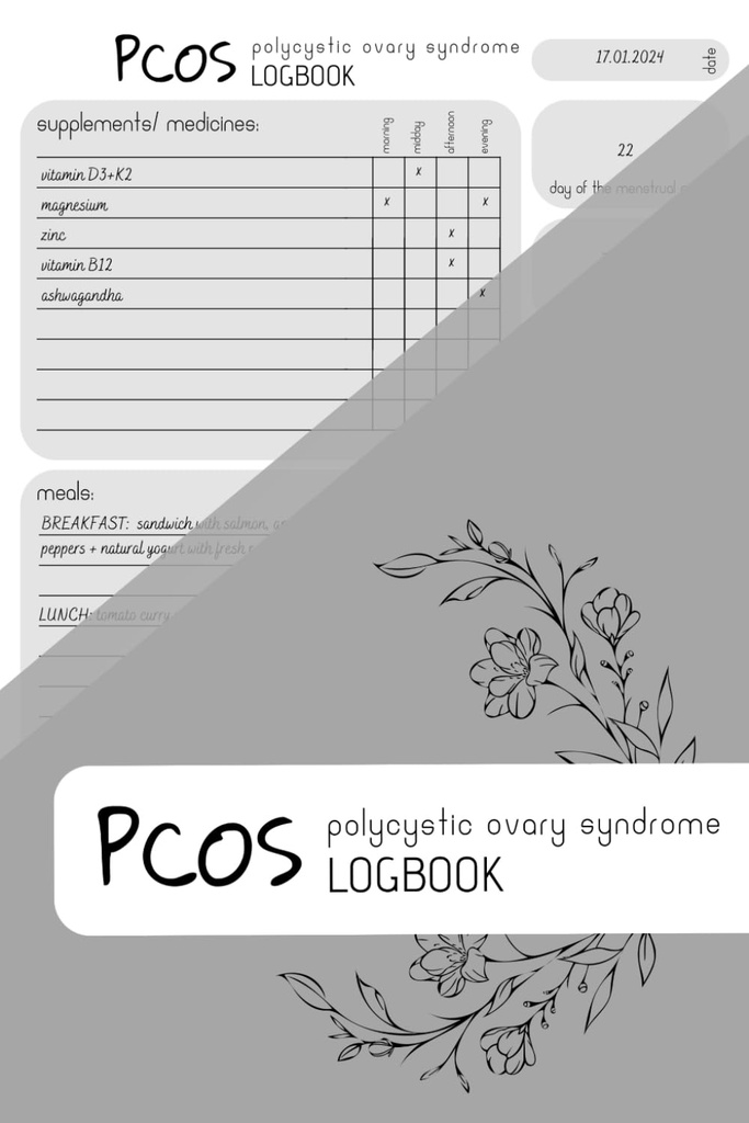 PCOS LOGBOOK: kiegészítők Tracker, Meal Planner, Perimal Tracker, 150 oldal, 6x9 in, Minimalista Design