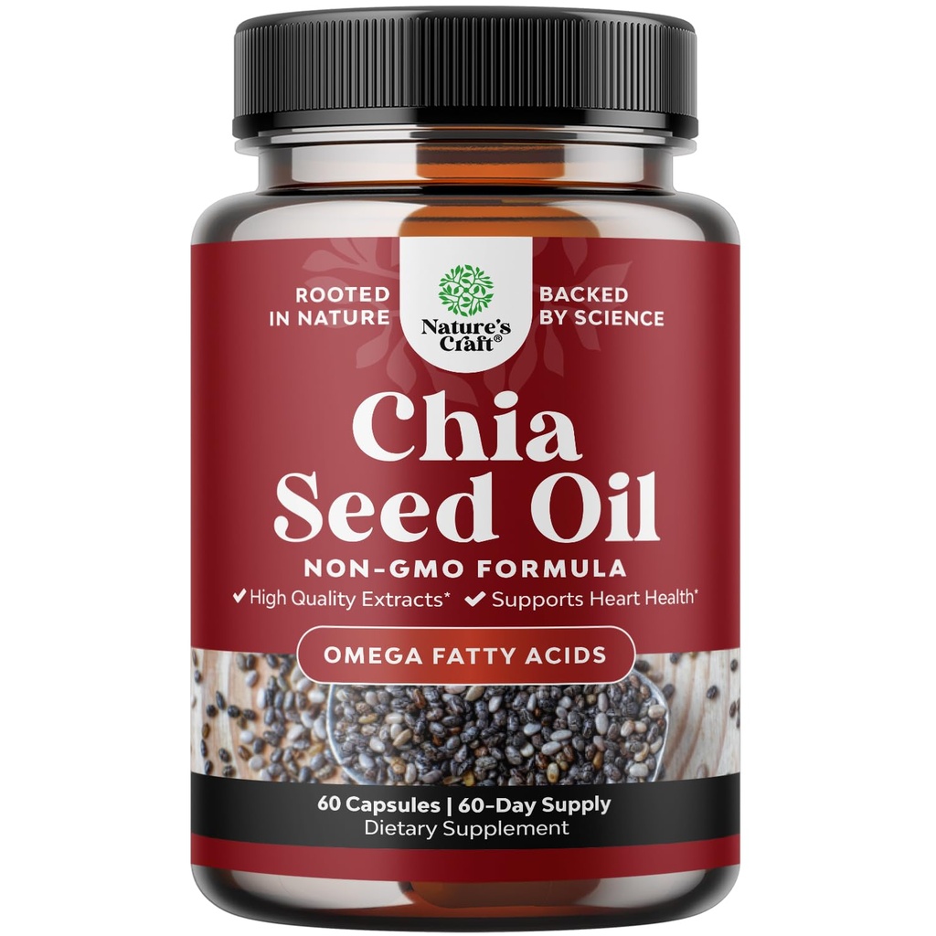 Chia Seed Öl Extrakt Kapseln - Pflanzenbasierte Omega 3 6 9 Ergänzung und tägliche Faser Kapseln für Erwachsene Verdauungs- und Immununterstützung und Herzgesundheit - Omega 3 Fettsäuren Ergänzung für Männer und Frauen