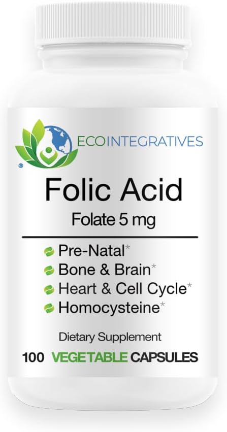 Folic Acid Folate 5mg (B9) Prenatal, Reproductive Health, Homocystein, Metabolismus, Herz-Kreislauf, Knochen, Immununterstützung, Allergenfrei, Non GMO - 100 Vegan Kapseln
