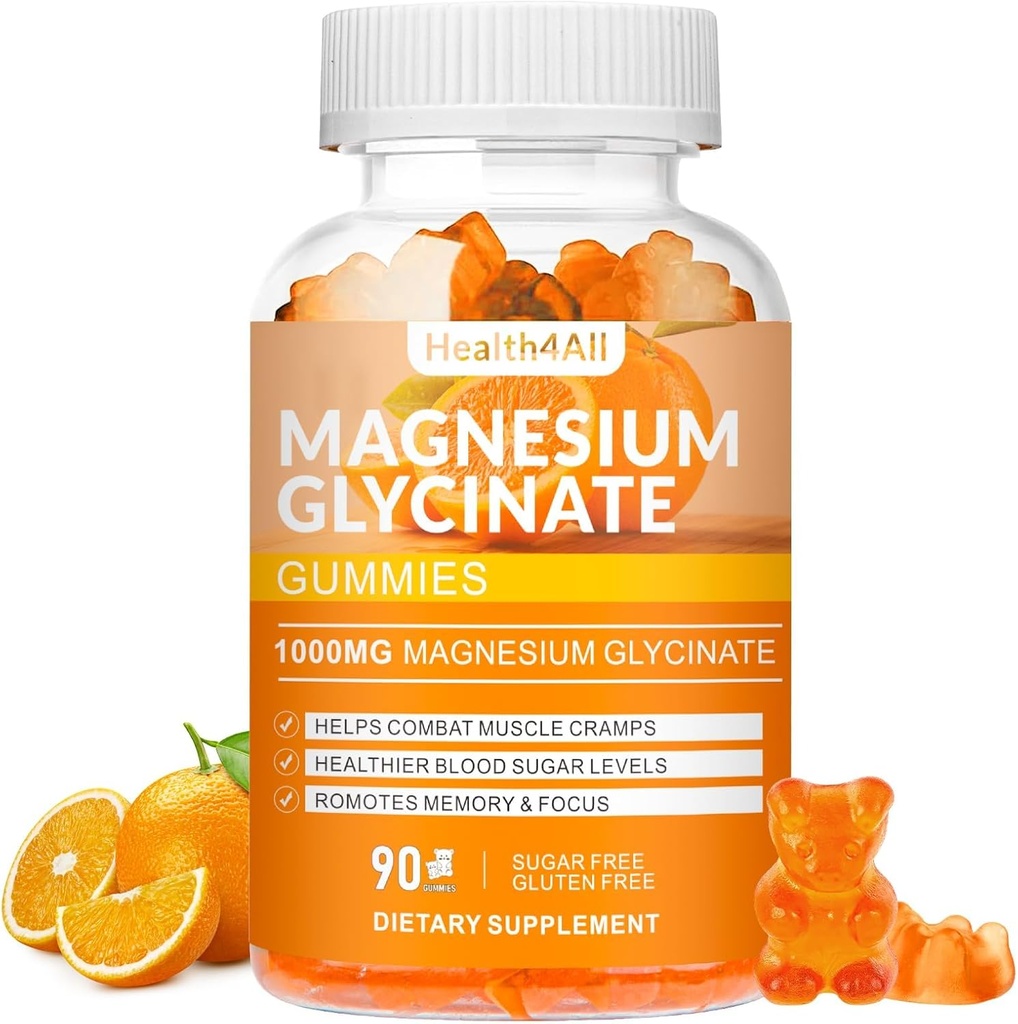 Magnesium-Glycinat-Gummien 1000mg, hohe Absorption Zucker Kostenlose Magnesium-Kalium-Ergänzung für Entspannung, Entlastungsstress und Schlafunterstützung für Erwachsene & Kinder - 90 Orangen-Gummien