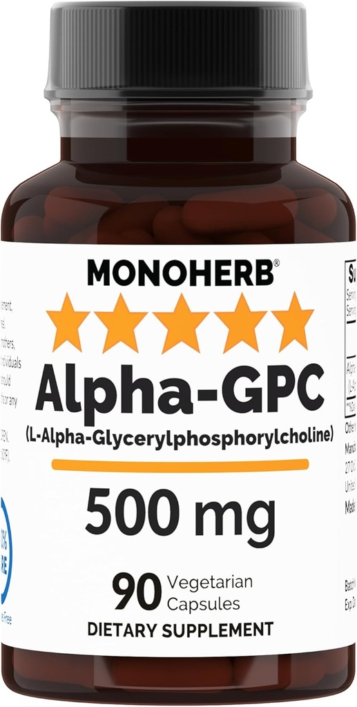 MONOHERB Alpha-GPC 500 mg - 90 Vegan Kapseln, Nootropic für Gehirnunterstützung, Fokus, Gedächtnis, Motivation und Energie