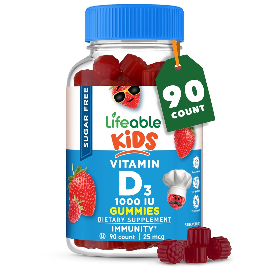 Lebensfähiges Zucker-freies Vitamin D für Kinder 1000 IU – Great Tasting Natural Flavor Gummy Supplement – Gluten Free Vegetarian Chewable – für starke und gesunde Knochen, für Kinder, Teen, Kleinkind, 90 Gummies
