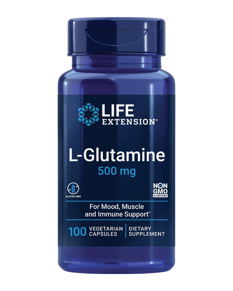 Lebensverlängerung L-Glutamin, 500 mg L-Glutamin, Aminosäure, unterstützt Muskelgesundheit und Immungesundheit, Glutenfrei, Non-GMO, 100 vegetarische Kapseln