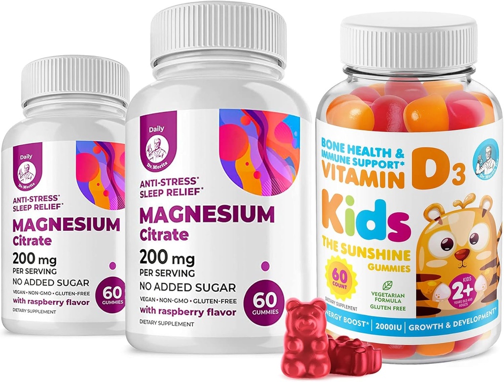 Vitamin D Gummi für Kinder &amp; Erwachsene 2000 IU und Magnesium Gummie - gesunde Vitamin D3 Nahrungsergänzungsmittel 1000IU - Vegetarische Gelatin-freie Immununterstützung mit zuckerfreien Magnesium-Kalkkäse für Kinder &amp; Erwachsene