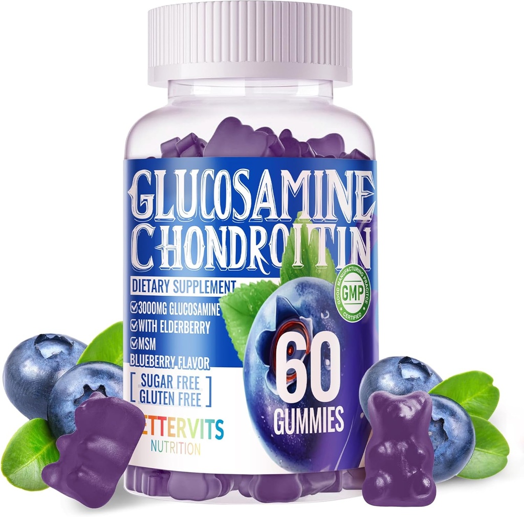 Glucosamine Chondroitin Gumies MSM & Elderberry Extra Strength - Közös támogatás, antioxidáns immun kiegészítő felnőttek, férfiak és nők számára. 60 Blueberry Gumies