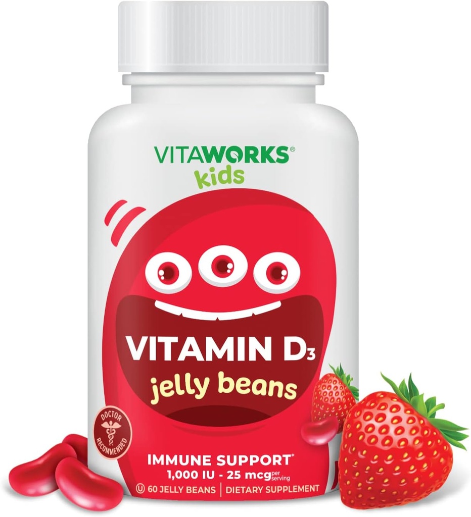 Kinder Vitamin D 1000 IU Jelly Bohnen - Tasty Natural Strawberry Flavor, Vegetarisch, GMO-frei, Glutenfrei, Nüssefreie Vitamine - Nahrungsergänzungsmittel für Immununterstützung - für Kinder - 60 Jellies