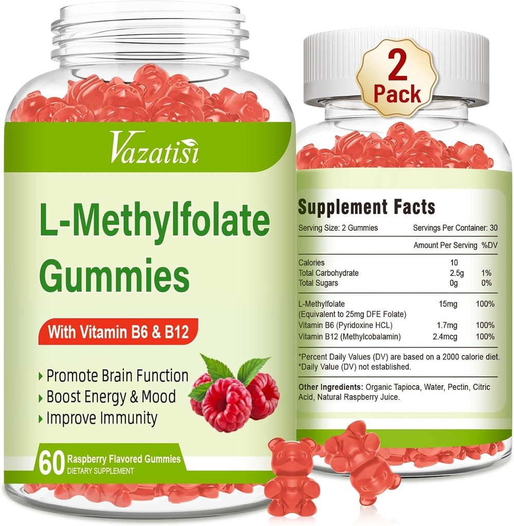 L-Methylfolat 15 mg Gummie mit Methyl B12, Folate Supplement für Stimmung, Gehirngesundheit, Immununterstützung, Himbeer Geschmack, 120 Zähler