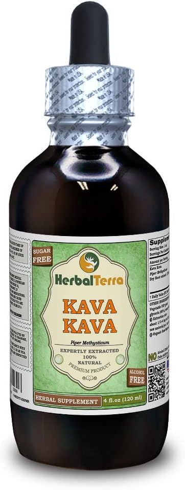 Kava Kava (Piper Methysticum) Glicerit, szárított gyökérmentes alkoholmentes folyadékkivonat (márkanév: HerbalTerra, Proudly Made in USA) 4 fl.oz (120 ml)