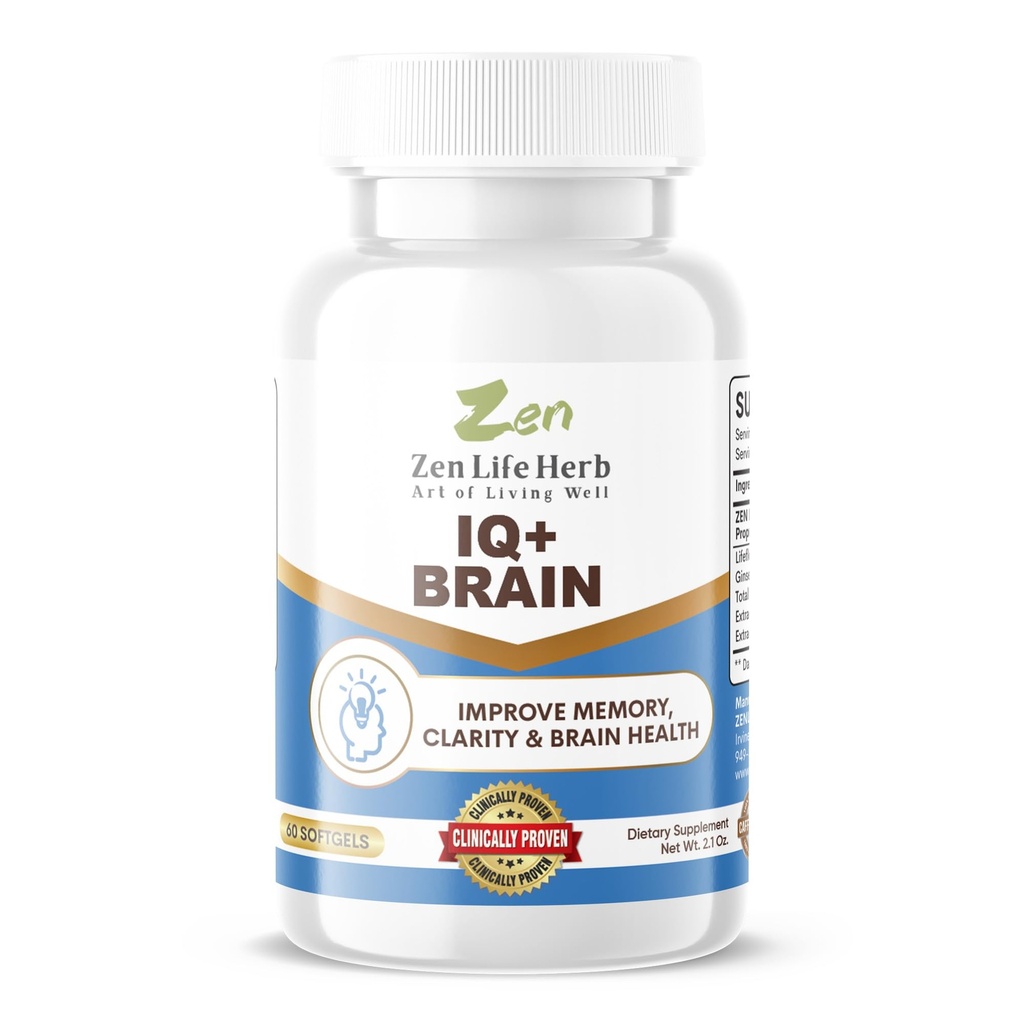 ZEN LIFE HERB IQ + Brain - Kávémentes, Klinikailag tesztelt Fókusz, Koncentráció, Memória és Energia, Természeti Plant- alapú gyógynövény kiegészítés, Nincs hozzáadott vitaminok / Ásványok / Gomba / Cukor (60 Softgels)