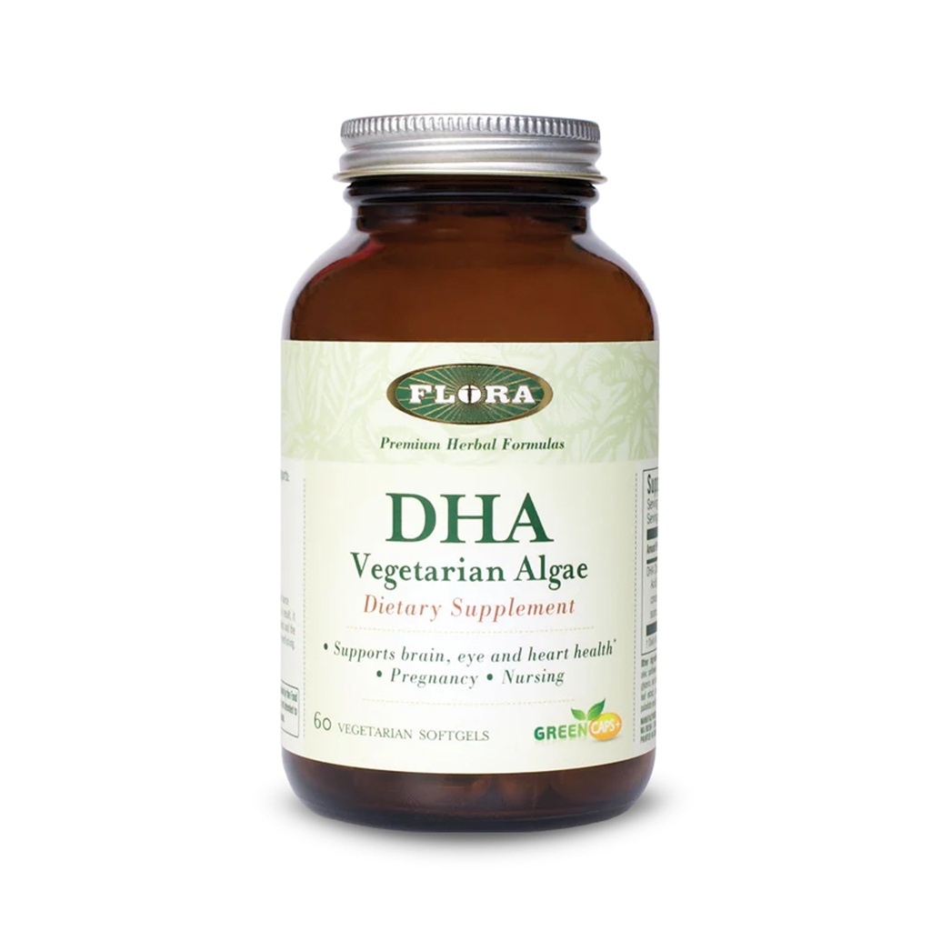 Flora - DHA Vegetarian Algae GreenCaps Plus - Brain & Heart Health - AIDS Általános egészség terhesség alatt - Az agy és az idegrendszer számára - Omega3 - Vegan & Sustainable - 60 Vegetarian Softgels