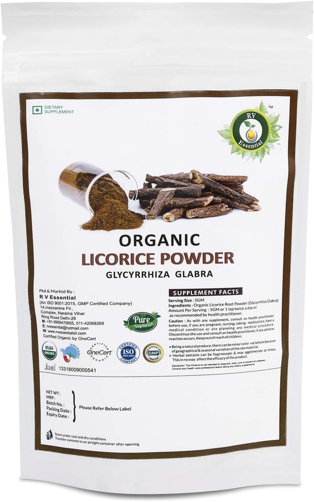 R V Essential Organic Licorice Powder 200gm/ 7.05oz/ 0.44lb Glycyrrhiza Glabra Licorice Wurzelpulver Mulethi Pulver Yastimadu Pulver Liquorice Pulver USDA Organisch zertifizierte Ergänzung in Zip Lock Pouch