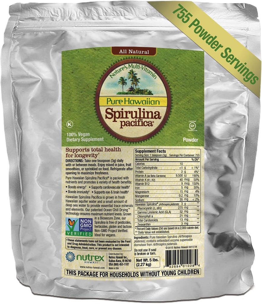 Pure Hawaii Spirulina Powder 5 LB Tömeges táska - Növeli az energiát és támogatja az immunitást - Vegan, nem GMO - Természetes Superfood Felnőtt Hawaii