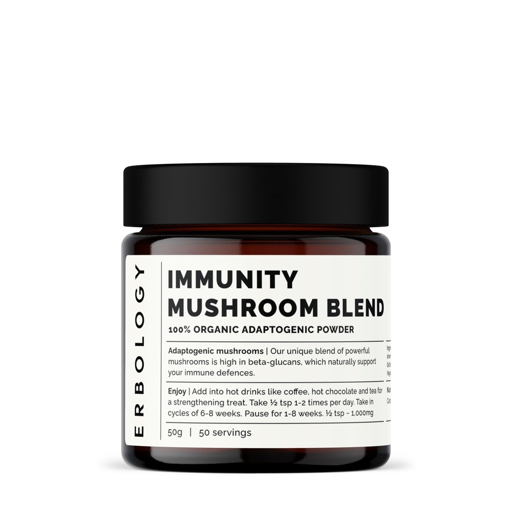 Erbologie Organische Immunität Pilz Complex 50 Servierungen - Hoch in Beta-Glucans - Reishi, Cordyceps, Lion's Mane, Turkey Tail - Sustainable Grown in Europe - Vegan - Non-GMO - Keine Filler hinzugefügt