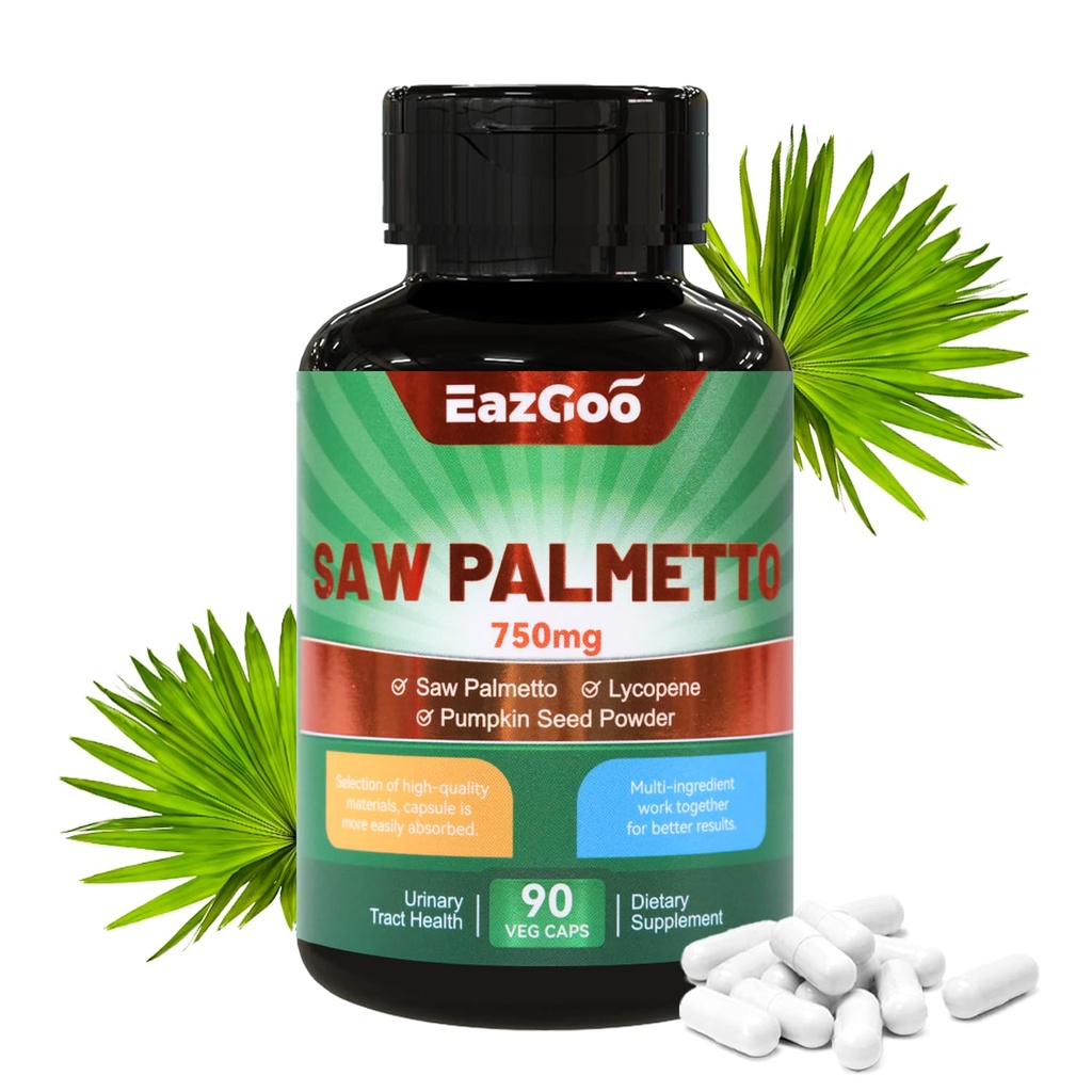 Saw Palmetto Supplement, Saw Palmetto Extrakt 750mg, mit Lycopin, Kürbis Seed Powder, für Männer und Frauen,Non-GMOs & Gluten, Vegan, 90 Count Capsules