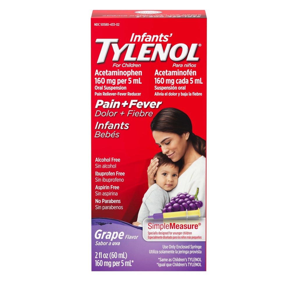 Infants' Tylenol Liquid Pain Relief & Fever Medicine, Oral Suspension, Acetaminophen für Sore Throat, Kopfschmerzen & Zähne, Schmerzrelief & Fever Reducer für Kinder; Grape Flavor, 2 fl. oz.; Packung von 1