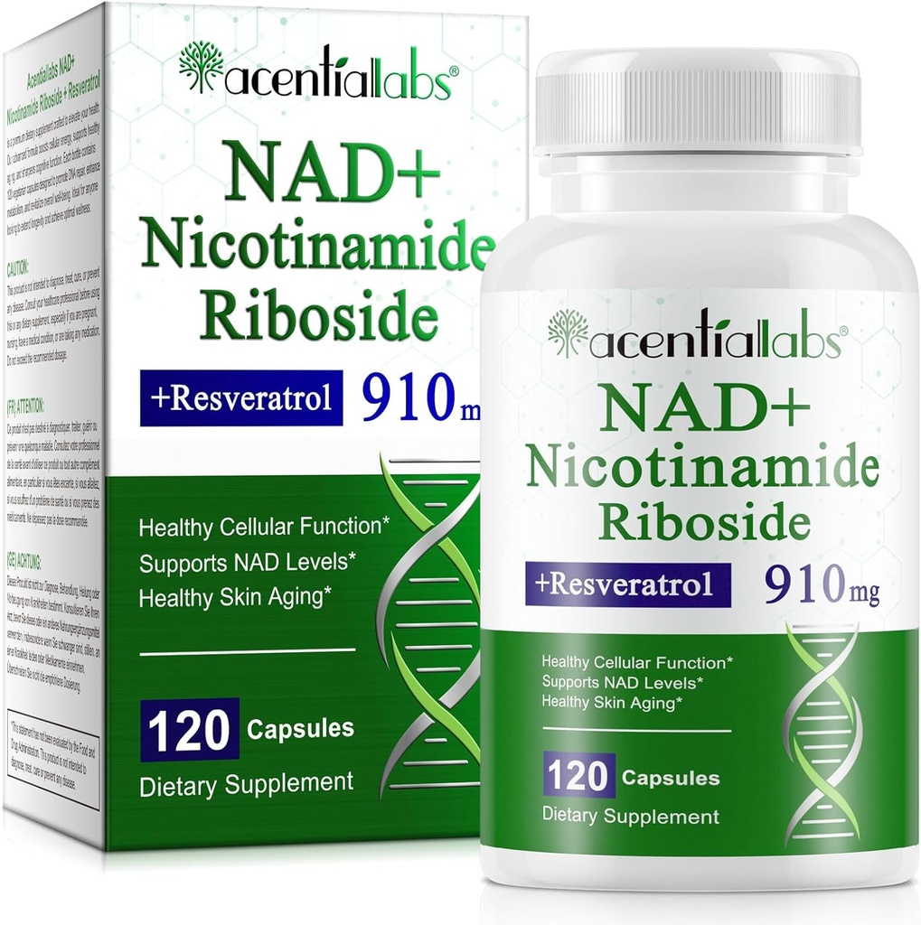 NAD-Ergänzung, NAD Nicotinamid Riboside Resveratrol 910mg, hohe Reinheit NAD-Ergänzung für gesunde zelluläre Funktion, unterstützt NAD Levels Gesunde Hautalterung Nahrungsergänzung 120 Kapseln