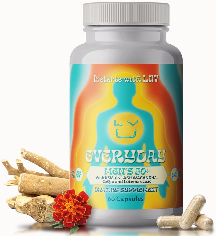 LUV Everyday ™ 50 + multivitamin - felnőtt formula napi tápanyag támogatás vassal, kalciummal, KSM- 66 Ashwaganda, CoQ10, likopin, és Lutemax 2020 - vegetáriánus gluténmentes & non-GMO - 60 kapszula