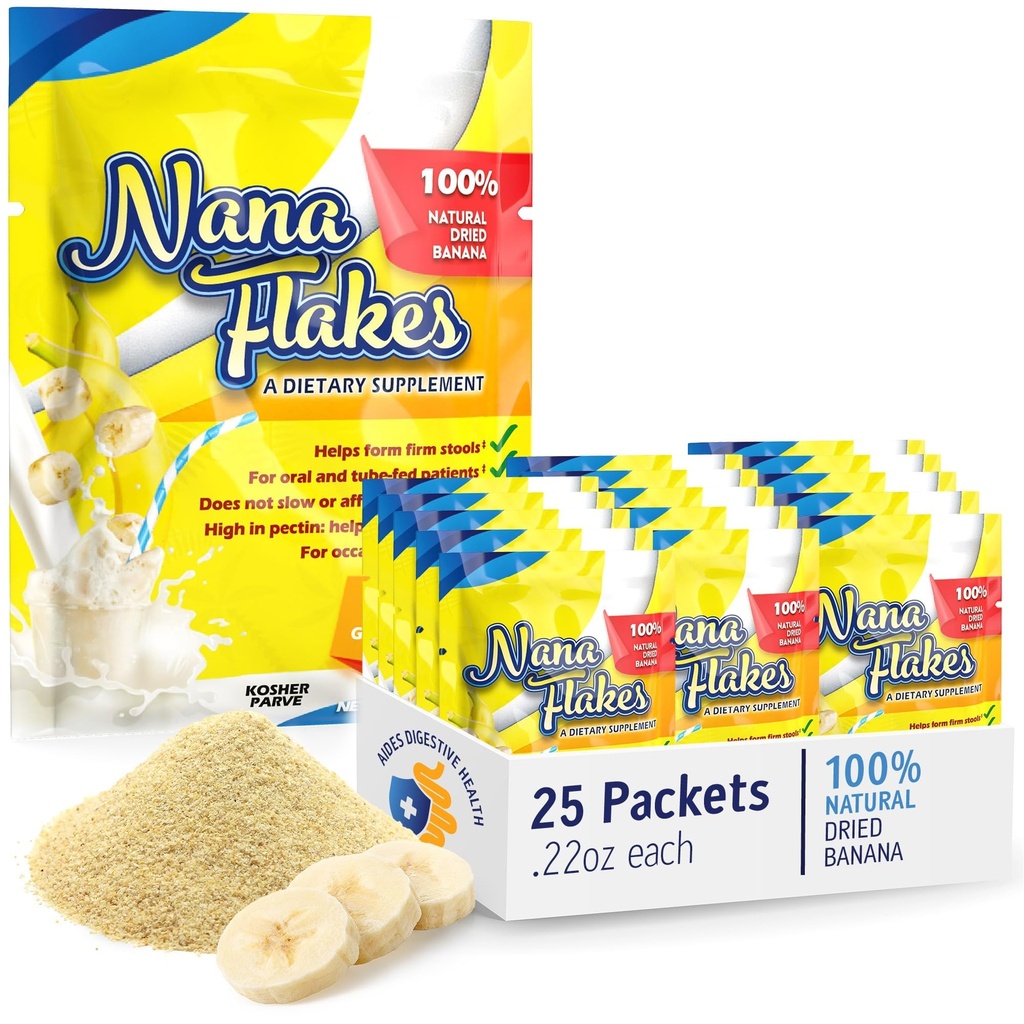 Nana Flakes 100% reine Banana Flakes medizinisches Lebensmittelpulver - Fettaufnahme & Natürliche Remedy für Diarrhea & Heart Burn - Große Quelle von Protein & Fiber (25 Single-Serve Packs)