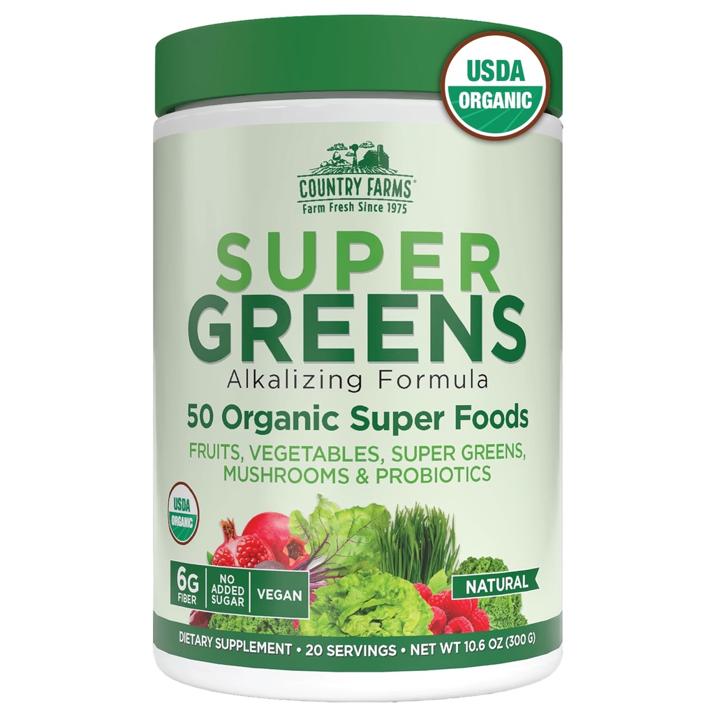Country Farms Organic Super Greens Natural Flavor, 50 Bio Super Foods, verpackt mit Fiber, USDA Organic Drink Mix, Früchte, Gemüse, Pilze & Probiotics, unterstützt Energie, 6g Fiber