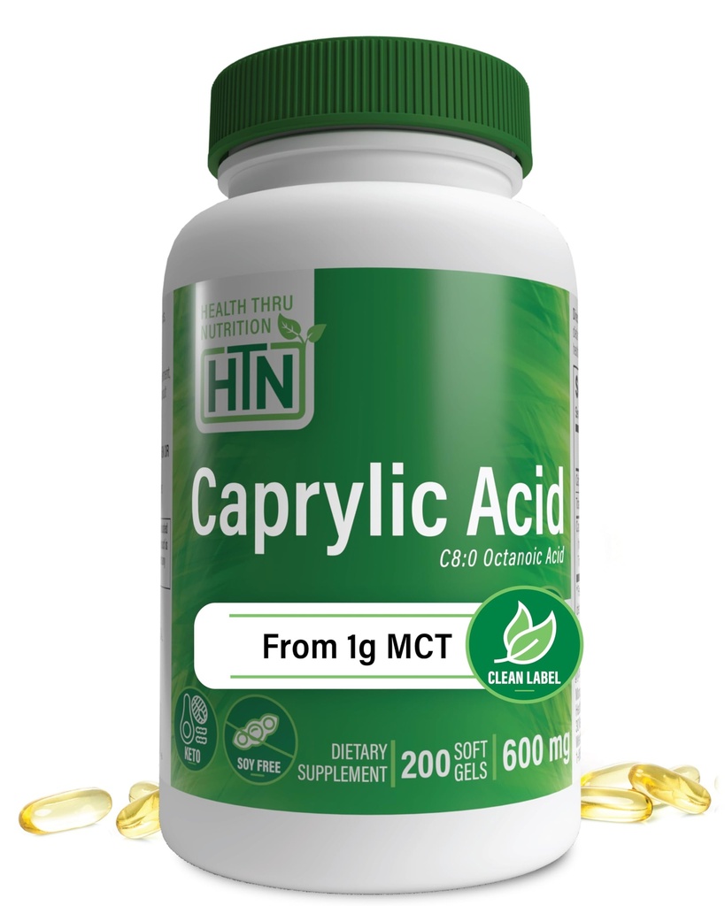 Gesundheit Thru Nutrition Caprylic Acid 600mg 200 Softgels | C8 Octanoic Acid von Pure 1g MCT Oil | Non-GMO & Soy Free | Unterstützt gesunde Verdauungs- und Darmgesundheit | Keto Friendly