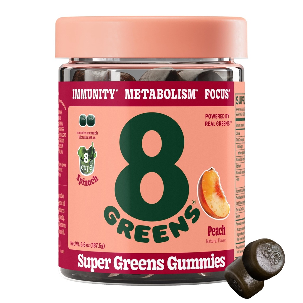 8Greens Supergreens Gummies | Super Greens Powder Superfood Gummy für Stoffwechsel, Immunität & Fokus, Verdauungs-Gesundheit Enzyme, Organisch: Chlorella, Spirulina, Aloe Vera, Peach Flavor, 50 Count
