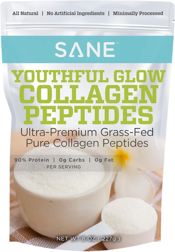 SANE MD - Youthful Glow Vital Collagen Powder - Organic Grass Fed Bovine Hydrolyzed Collagen Peptides Powder for Hair, Nails, Skin & Joint Health - NSF zertifiziert - 37 Servierungen