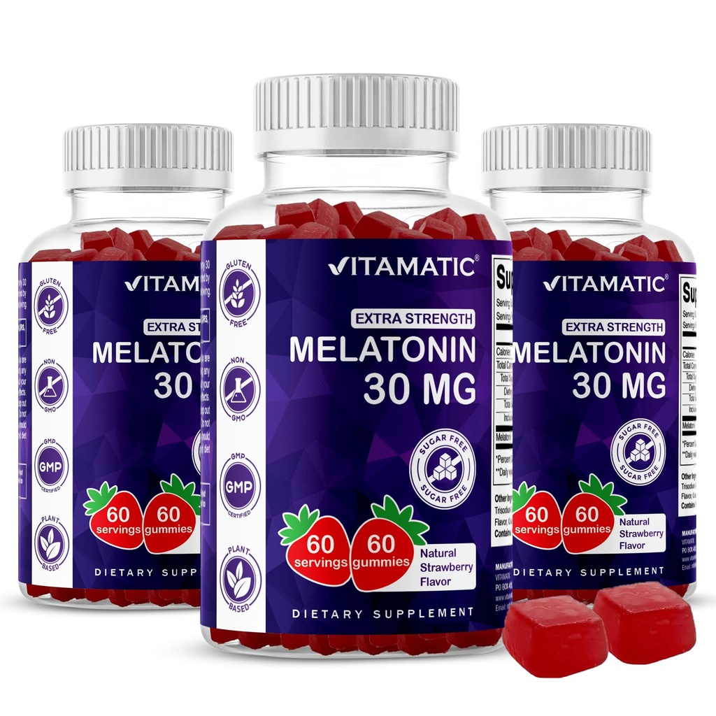 Vitamatic Sugar Free Melatonin 30 mg / gumi - 60 adag Vegetarian Gumies - Non-Habit Forming Supplement (60 adag 3))