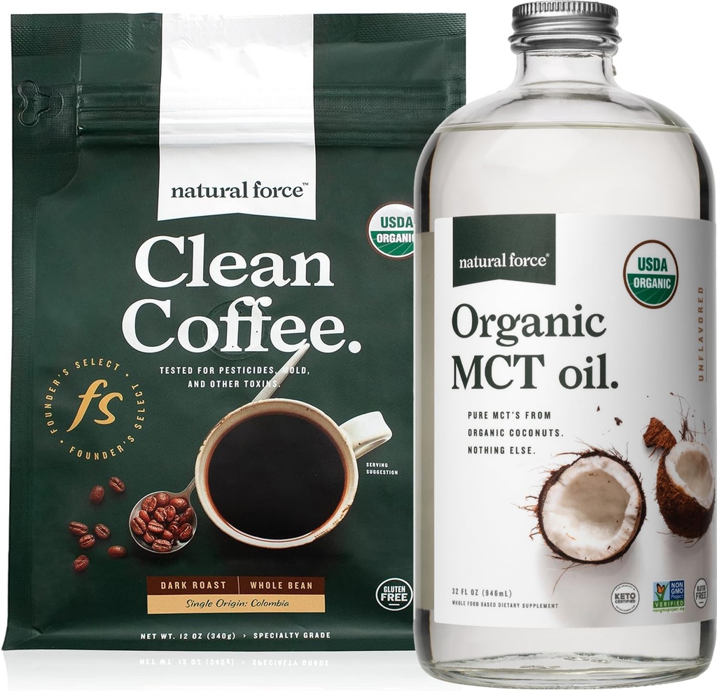 Natural Force Organic Dark Roast Clean Coffee + Organic MCT Oil Bundle - 100% Tiszta Kókuszdió MCT & Mold & Mycotoxin Free Coffee - Non-GMO, Keto, Paleo, Vegan - 12 Oz és 32 Oz