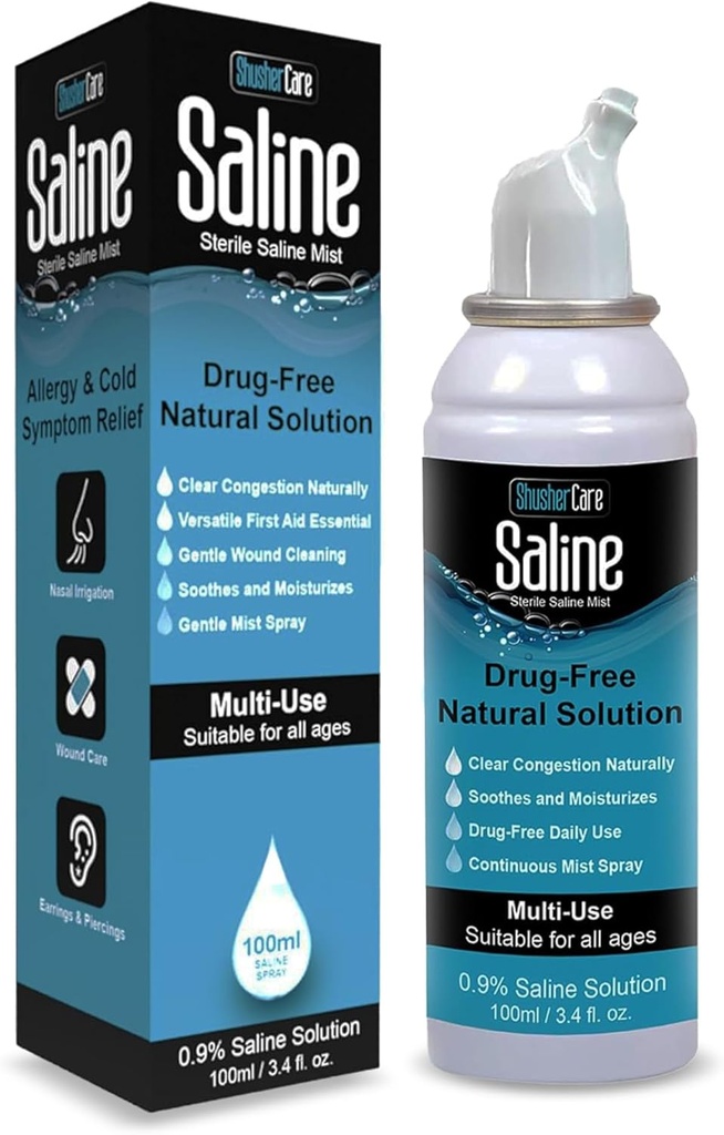 Saline Spray für Nase - Nasal Spray Saline Lösung für Neugeborene, Baby & Erwachsene, Salzwasserentlaster Mist für Stuffy Nose, Travel Friendly, Natural, 0.9% Saline - 100 ml (3.4 fl oz)