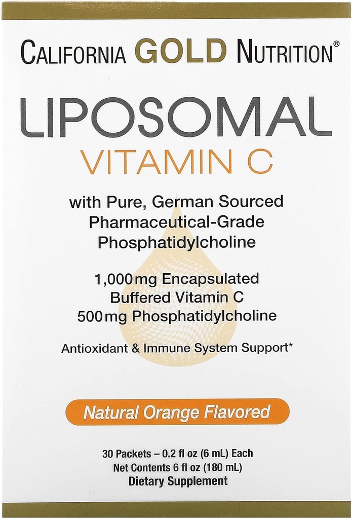 Liposomale Vitamin C von California Gold Nutrition - Flüssige Ergänzung für Antioxidantien und Immununterstützung - Vegan Friendly - Glutenfrei, Non-GMO - 1.000 mg - 30 Packungen - Natürliche Orange Geschmack