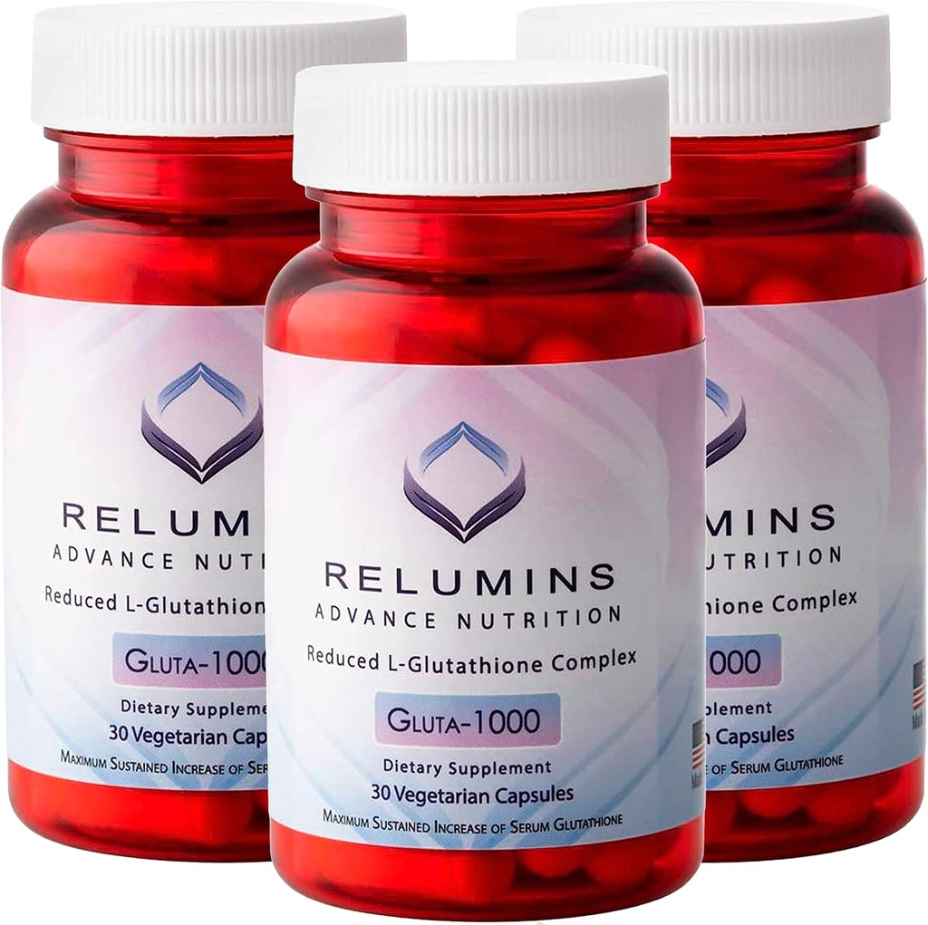 Relumines Advance Nutrition Gluta 1000 - Reduzierte L-Glutathione, Alpha Lipoic Acid & Rose HIPS, Antioxidante Unterstützung für Haut & Gesamt Wellness, Made in USA - 30 Kapseln x 3 Flaschen (45-Day Supply)