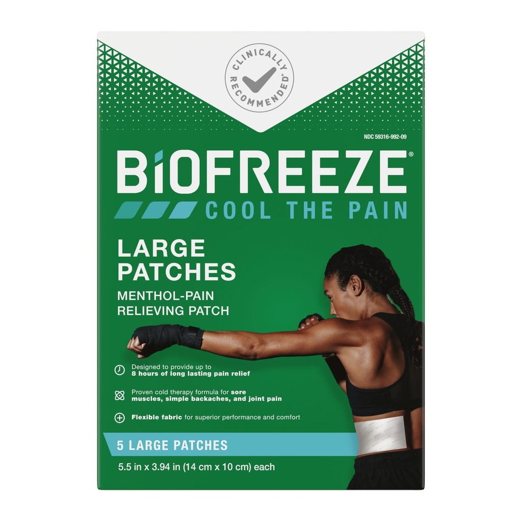 Biofreeze Large Pain Relief Patches, Menthol Pain Patches für Untere Rücken, Neck, Knie, & Schulter, Komfortable & Flexible Stoff Aufenthalte in Platz, FSA Eligible, 5 ct