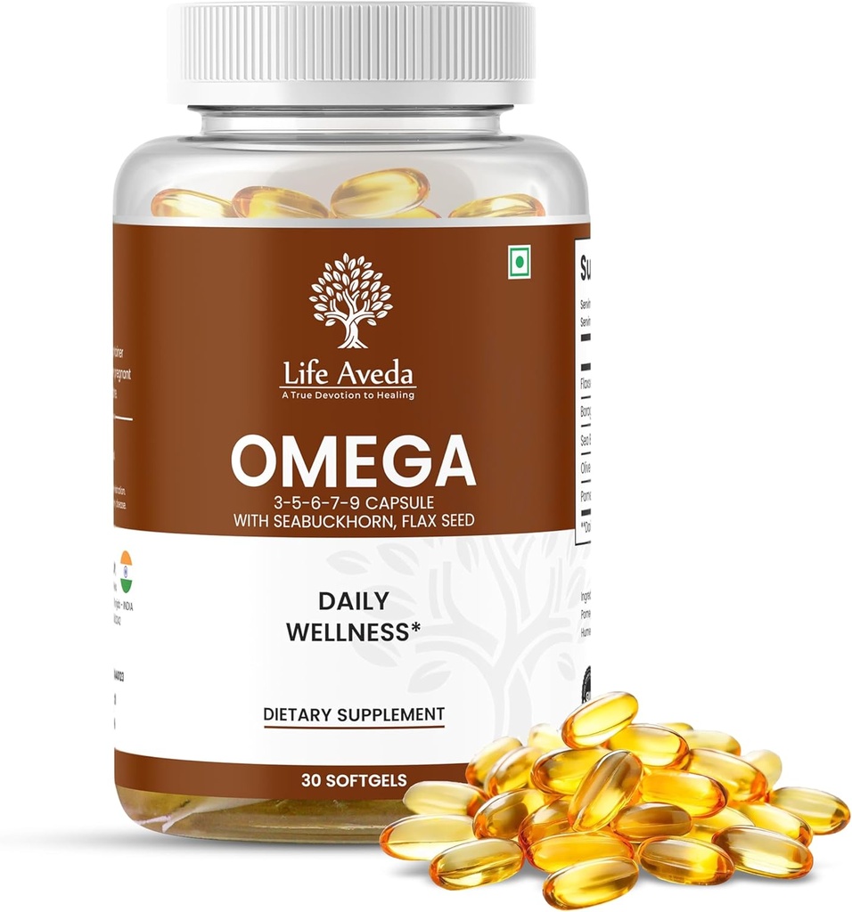Life Aveda Omega 3-5-6-7-9 Kapseln für Männer & Frauen mit Seabuckhorn und Flax Seed, unterstützt Herz, Haar, Haut & Gelenke Gesundheit und natürliche Ernährung- 30 Softgel Kapseln (1 Monat Versorgung)