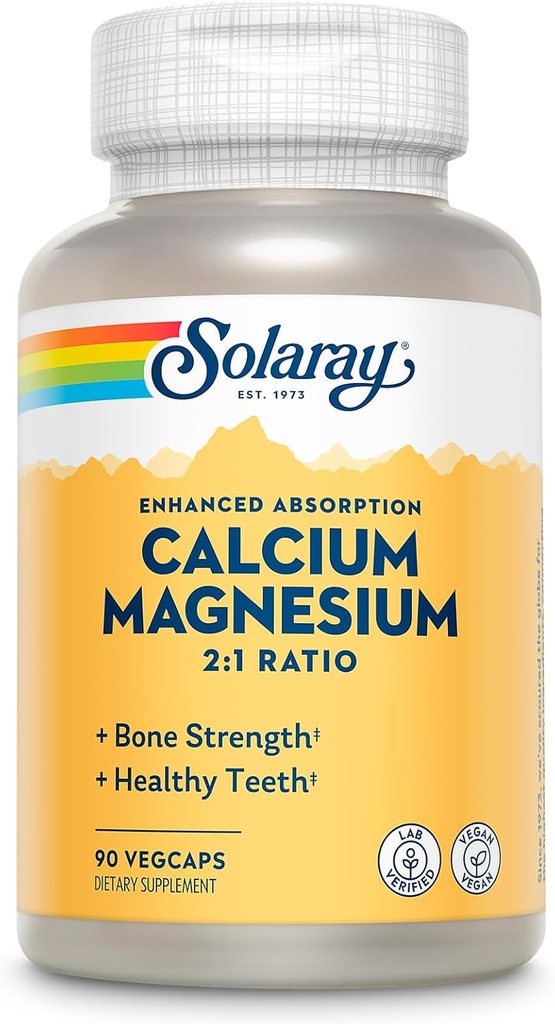 SOLARAY Calcium Magnesium Supplement, Magnesium & Calcium Ergänzungen für Frauen und Männer, 2:1 Ratio, Knochen Gesundheit & Stärke, Vegan, hohe Absorption, 60-Tage Garantie, 22 Servietten, 90 VegCaps