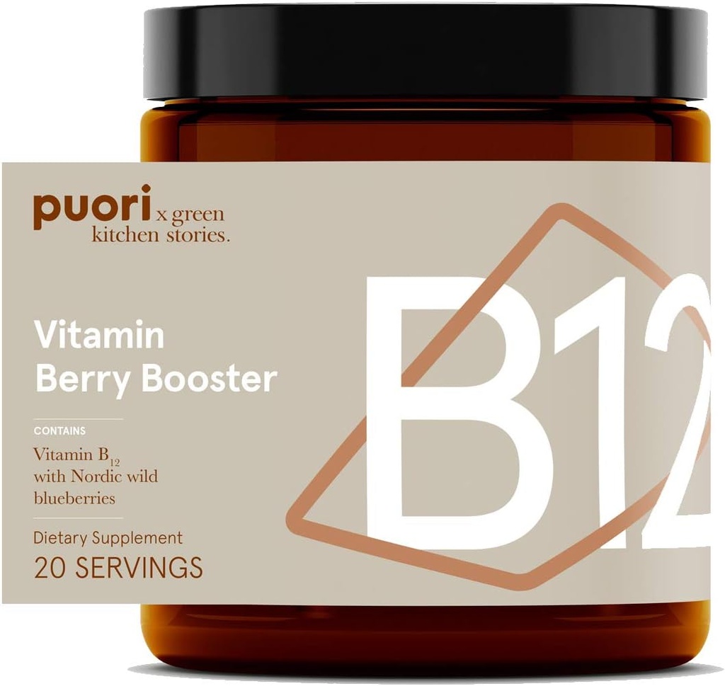 Puori Vegan Vitamin B12 Berry Booster Powder - 20 Servierungen - B12 mit Nordic Wild Blueberries – High in Flavonides - für Normale Energieproduktion und Stoffwechsel - Dairy-Free, Vegetarisch, Non GMO