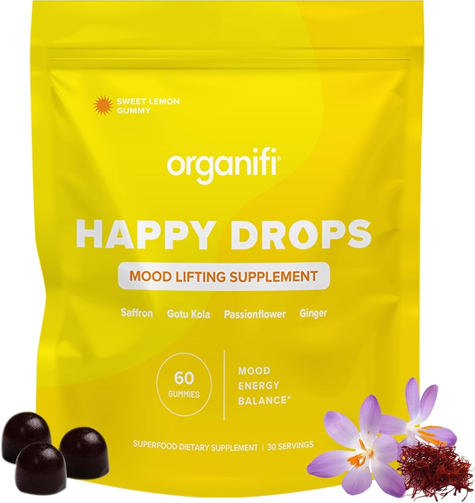 Organifi Happy Drops - Daily Superfood Happy Gummies für Erwachsene - Mood Support Supplement für Balance, Bliss, Energy und Take The Edge Off - Sweet Lemon Flavor - 60 Gummis