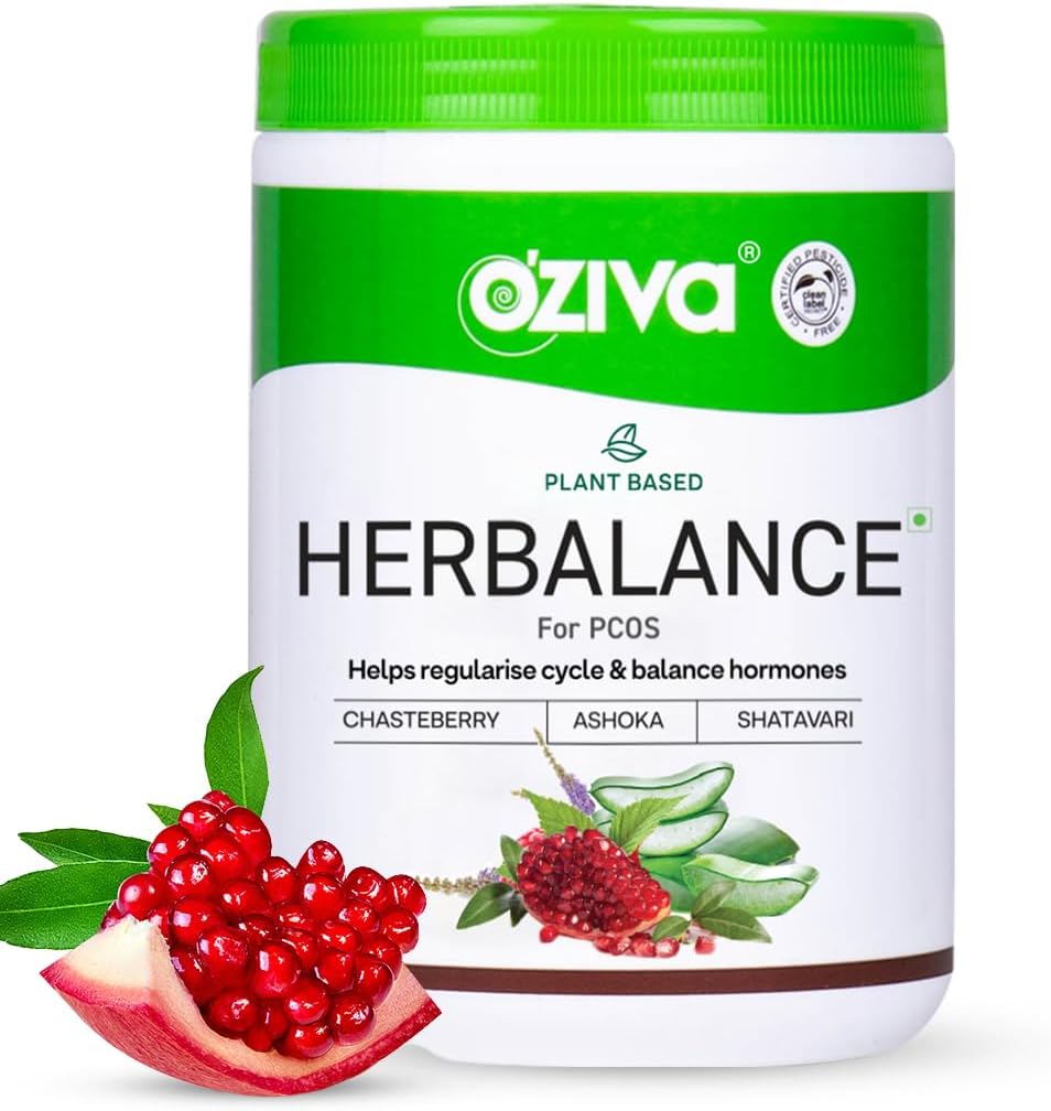 OZIVA Plant Based HerBalance for PCOS | PCOS Supplement für Frauen für Hormonal Balance & Besser Menstrual Cycle | PCOS Getränk mit Inositol, Shatavari,Chasteberry, Ashoka Certified Clean & Vegan, 250g